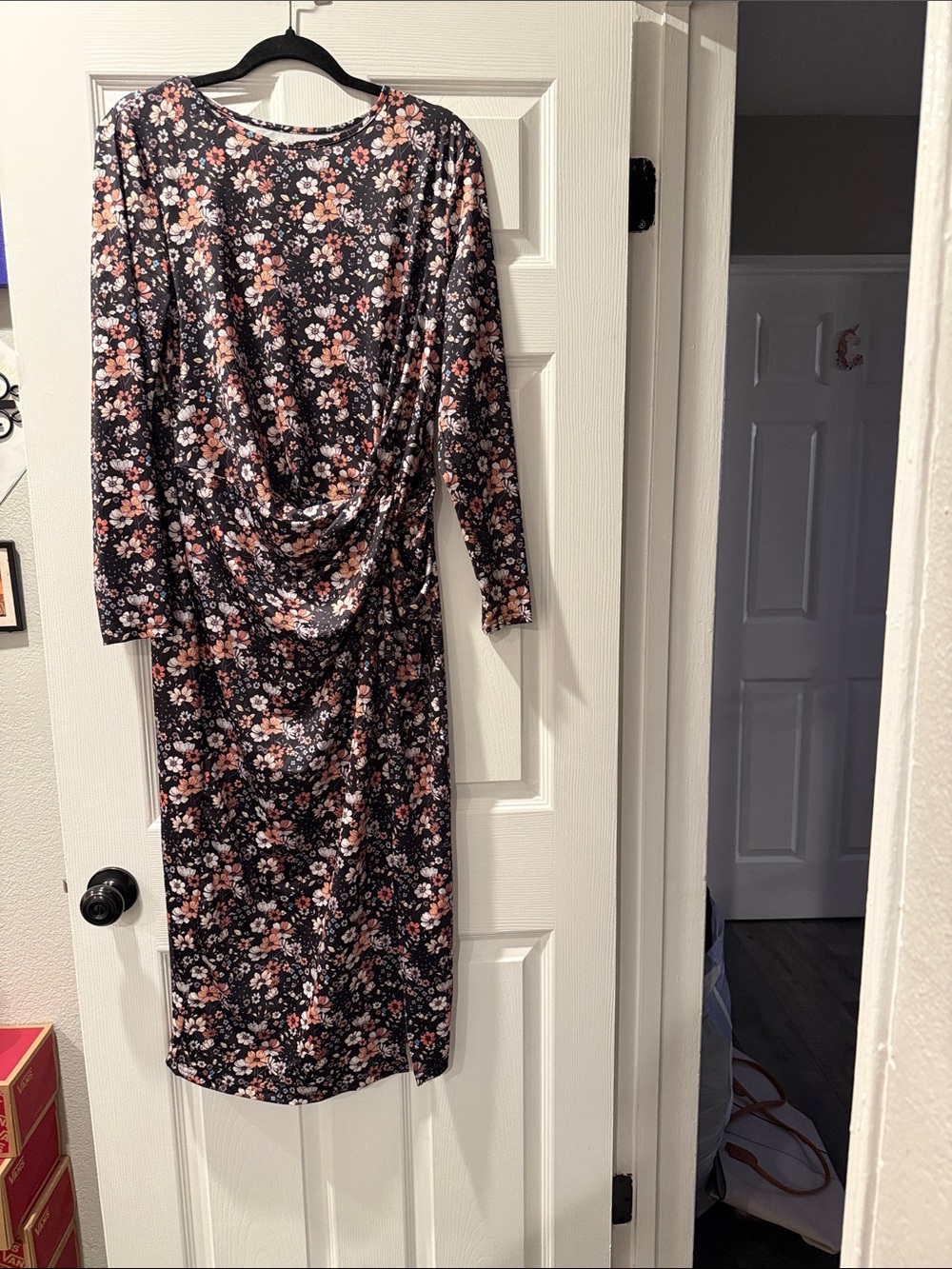 SHEIN Black Floral Long Sleeve Midi Dress with Pink and Cream Flowers